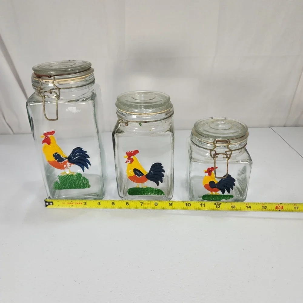 Vintage Hand Painted Rooster Canisters Clear Glass Wire Bale Lid 3pc See Descrip